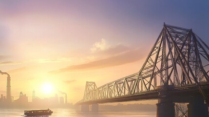 Fototapeta premium Sunset over Howrah Bridge in Kolkata, the iconic structure highlighted by golden hues, framed by a calm, expansive blue sky. Majestic and warm. 