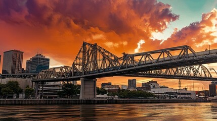 Fototapeta premium Sunset panorama of a stylish steel-and-glass bridge, its elegant lines illuminated against fiery skies, creating a dramatic poster-worthy scene. 