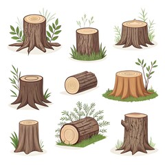 collection of various tree stumps and logs icon on white background