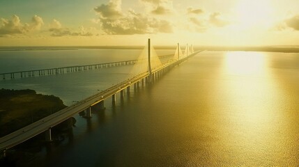 Obraz premium Sweeping drone view of the Sunshine Skyway Bridge, its golden cable-stayed towers standing tall over the expansive waters of Tampa Bay, bathed in sunlight. 