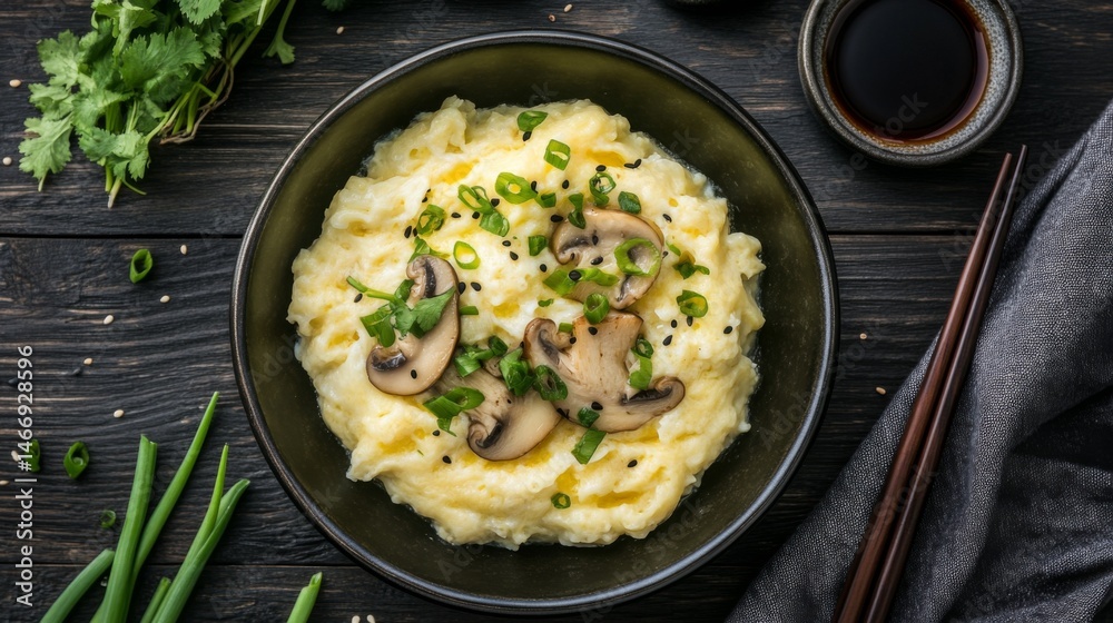 Poster A bowl of soft steamed egg garnished with thin slices of mushrooms, spring onions, and cilantro, placed on a dark wooden table with a side dish of soy sauce.