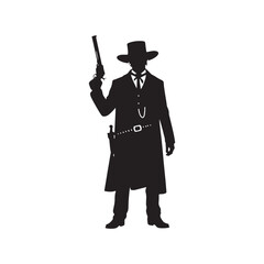 Saloon Gunman Vector Silhouette, Wild West, Cowboy Duel, Western Outlaw, Gunfighter Pose, Western Showdown, Gunslinger Action, Lawless Era.
