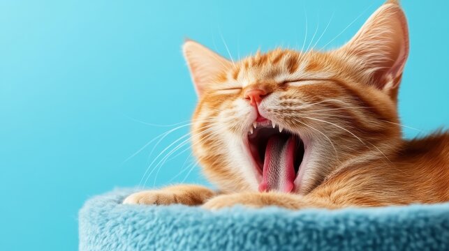 An adorable orange tabby cat yawning while resting on a soft blue blanket, perfectly capturing a moment of tranquility and cuteness that brings joy to every onlooker.