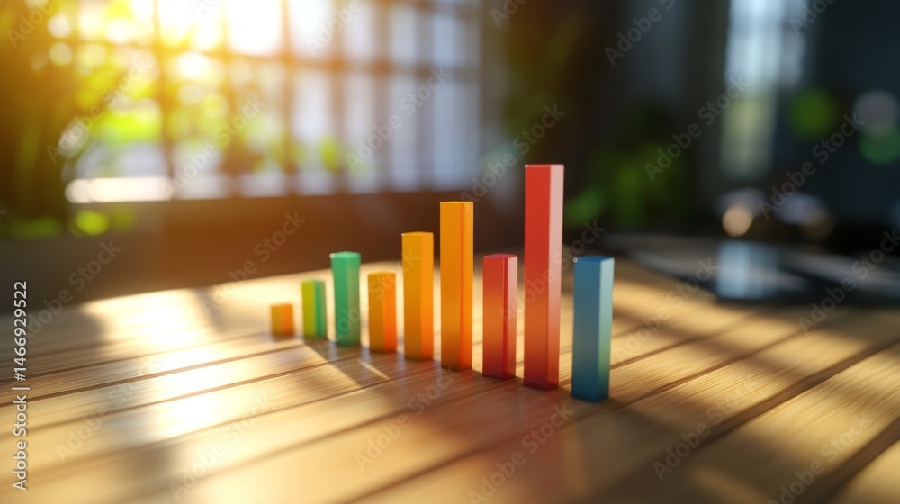 Fototapete A clear and concise business bar graph showing comparative data between competitors, featuring vibrant colors and shadows, placed on a light wooden table for emphasis.