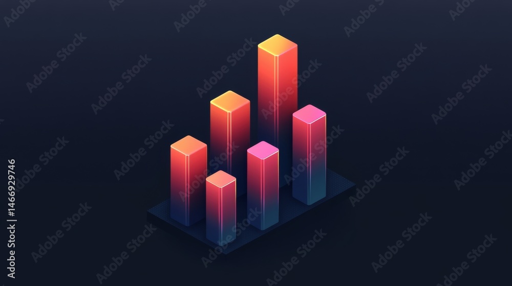 Poster a close-up of a d bar graph with glowing edges on each bar, representing different data sets, agains