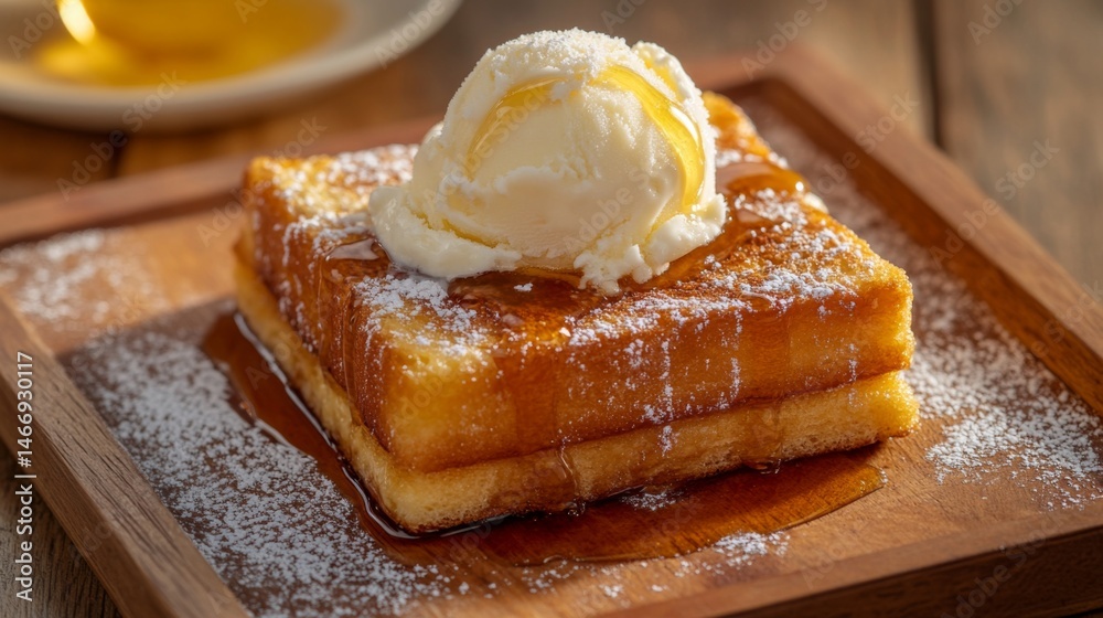 Poster a close-up of a beautifully presented honey toast topped with a scoop of vanilla ice cream, drizzled