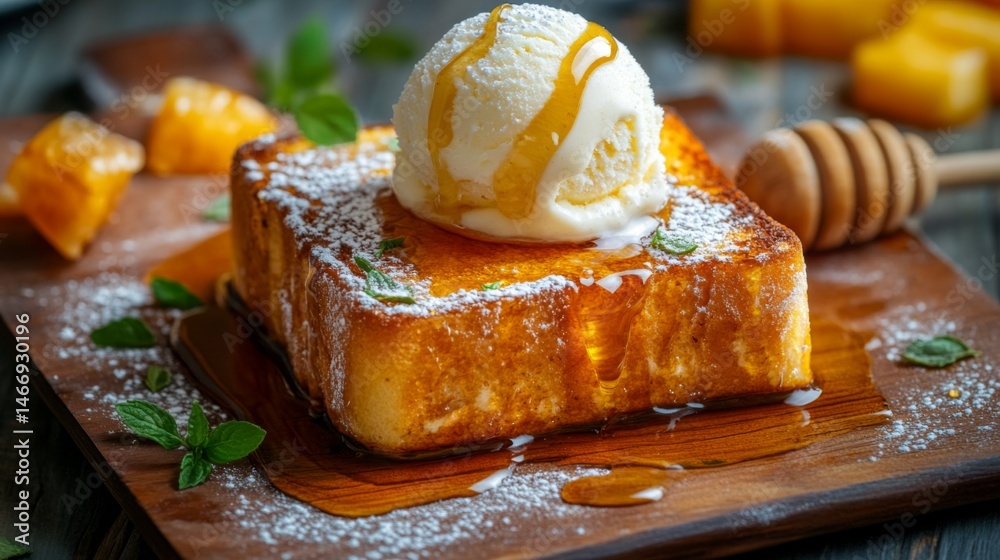 Poster a close-up of a beautifully presented honey toast topped with a scoop of vanilla ice cream, drizzled