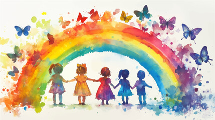 Vector illustration, children's day postcard, elegant calligraphy on hand-painted watercolor