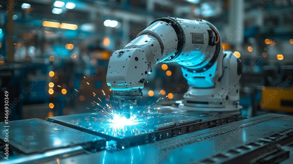 Poster a robotic arm performs precise welding tasks on metal panels in a state-of-the-art manufacturing fac