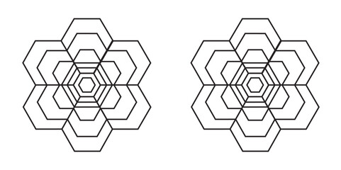 Abstract icon set with interlocking hexagonal patterns on a white background. Abstract, adjacent icon. Line, outline symbol. Abstract Digital background. Business growth transformation to digital.