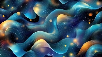 An abstract illustration of flowing waves and scattered celestial lights