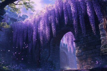 Fototapeta premium A sprawling Wisteria vine covers an ancient stone wall, and anyone who passes beneath it is said to experience a vivid dream of their future