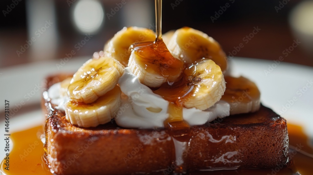 Poster a close-up of a decadent honey toast dish topped with caramelized bananas, whipped cream, and a gene