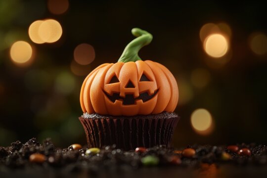 A halloween cupcake with a pumpkin shaped frosting and a green stem on a dark bokeh background