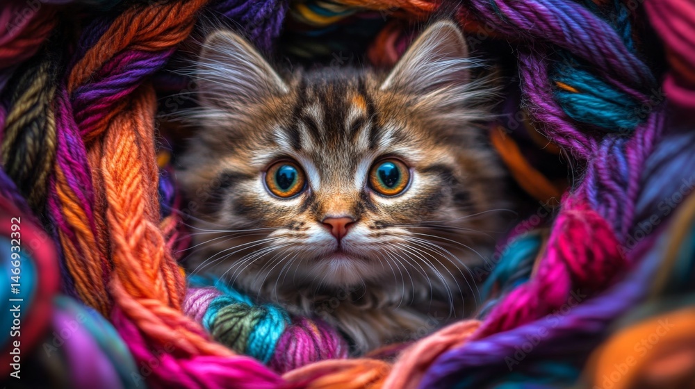 Poster A close-up of a round-faced cat with big, expressive eyes, nestled in a pile of colorful yarn, creating a delightful and charming composition.