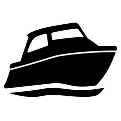 Simplified black and white illustration of a motor boat sailing on water