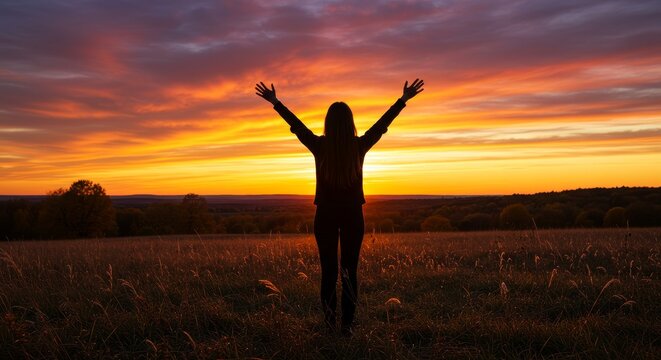 Woman's Gratitude at Sunset Meadow - Silhouette of a woman in a field, arms outstretched, celebrating life, praising God, autumn sunset. Symbolizing hope, peace, faith, gratitude, and freedom