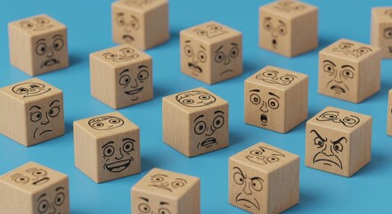 Fototapeta premium Wooden Cubes Displaying Emotions - A collection of wooden cubes, each displaying a different facial expression, illustrating a range of human emotions