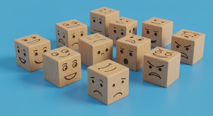 Fototapeta premium Wooden Cubes Displaying Emotions - A collection of wooden cubes, each displaying a different facial expression, symbolizing emotions, feelings, diversity, unity and communication