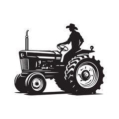 Tractor Cowboy Worker Vector Silhouette, Farm Life, Western Worker, Agricultural Cowboy, Ranch Work, Tractor Rider, Cowboy Farming Action.
