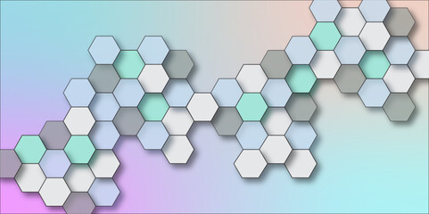 Geometric technology hexagons on water blue color background. Futuristic nature background. Colorful hexagon pattern. Multicolor hexagonal shapes. Abstract 3D hexagonal pattern in light blue tones
