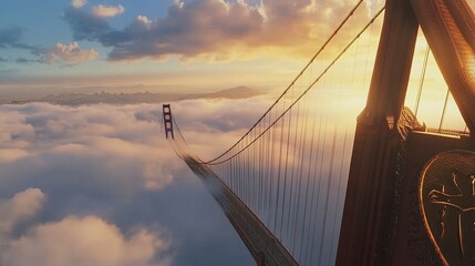 Fototapeta premium The Golden Gate Bridge floating above the clouds at dawn, with soft sunlight highlighting its intricate details against a vivid morning sky. 
