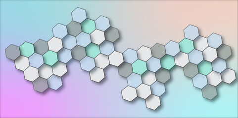 Geometric technology hexagons on water blue color background. Futuristic nature background. Colorful hexagon pattern. Multicolor hexagonal shapes. Abstract 3D hexagonal pattern in light blue tones