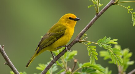 Obraz premium Yellow Bird on Green Branch - A vibrant yellow bird perches delicately on a lush green branch, symbolizing freedom, nature, spring, hope, and serenity