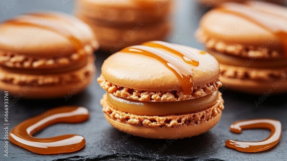 Poster A close-up of caramel-flavored macarons with a glossy caramel drizzle on top, arranged neatly on a dark stone surface with caramel sauce swirled around.
