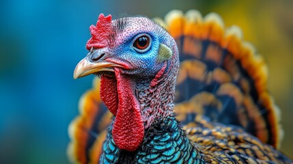 Stunning wild turkey showcasing its vivid feathers while roaming in a lush environment during golden hour