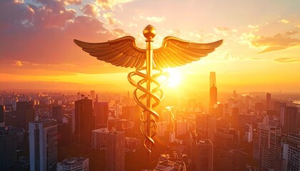 Caduceus Symbol Over City Skyline at Sunset