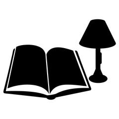 Black and white illustration of an open book next to a lamp