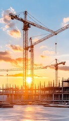 Construction site at sunset, multiple cranes silhouetted against a vibrant sky, reflecting on wet ground