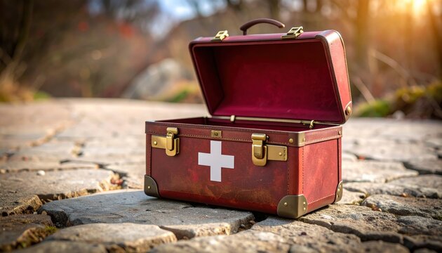 First Aid Kit Open on Stone Path
