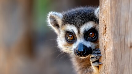 Obraz premium Lemur Peeking From Wooden Structure, Close-up Wildlife Animal