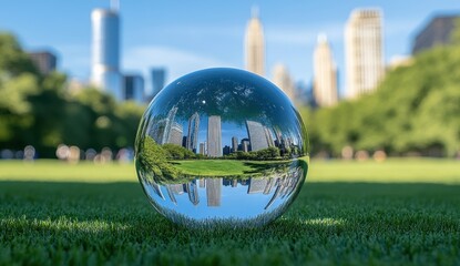 Reflective Cityscape Captured in Glass Sphere on Green Lawn Under Bright Daylight Showcasing Urban Landscape and Modern Architecture in a Park Setting