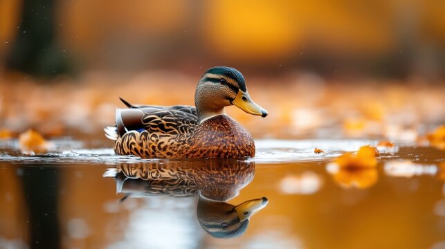 A female mallard duck navigates the serene waters amidst fallen autumn leaves, capturing the essence of nature's tranquility and the beauty of a peaceful habitat in fall.