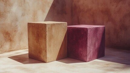 Two stylish cubic stools in warm earth tones rest in a serene, sunlit corner, enhancing the minimalist decor