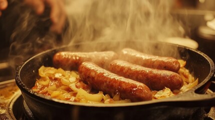 A close-up of sausages cooking in a cast iron skillet, surrounded by sauted onions and peppers, with steam rising from the hot pan.