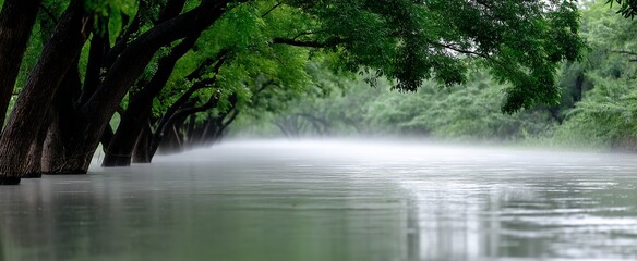 Naklejka premium Misty River Underneath Lush Trees