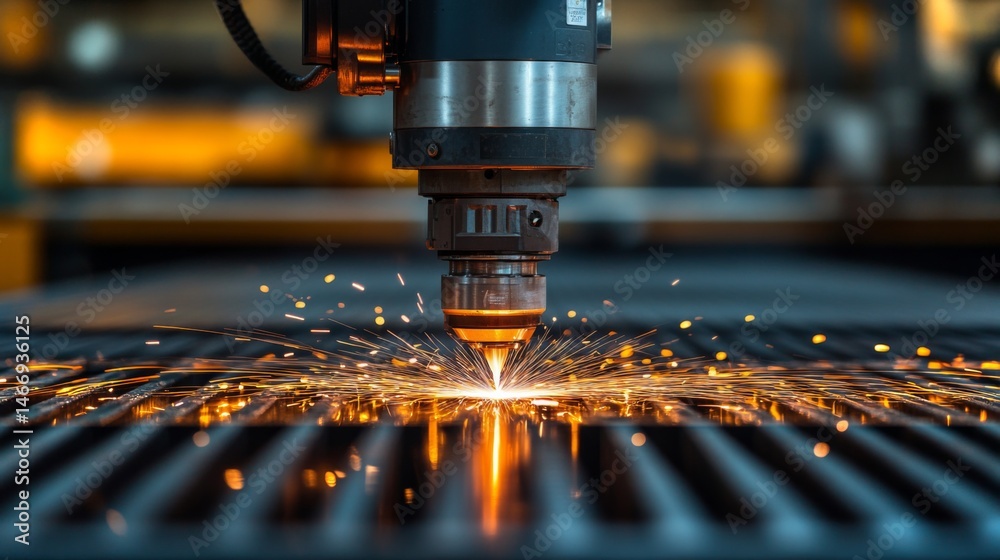 Aufkleber A laser cutting machine operates within a manufacturing facility, creating sparks as it precisely cuts through metal materials. Automation technology improves production efficiency.