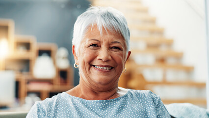 Senior, woman and happy with portrait in home for relax, comfortable and peaceful in retirement....