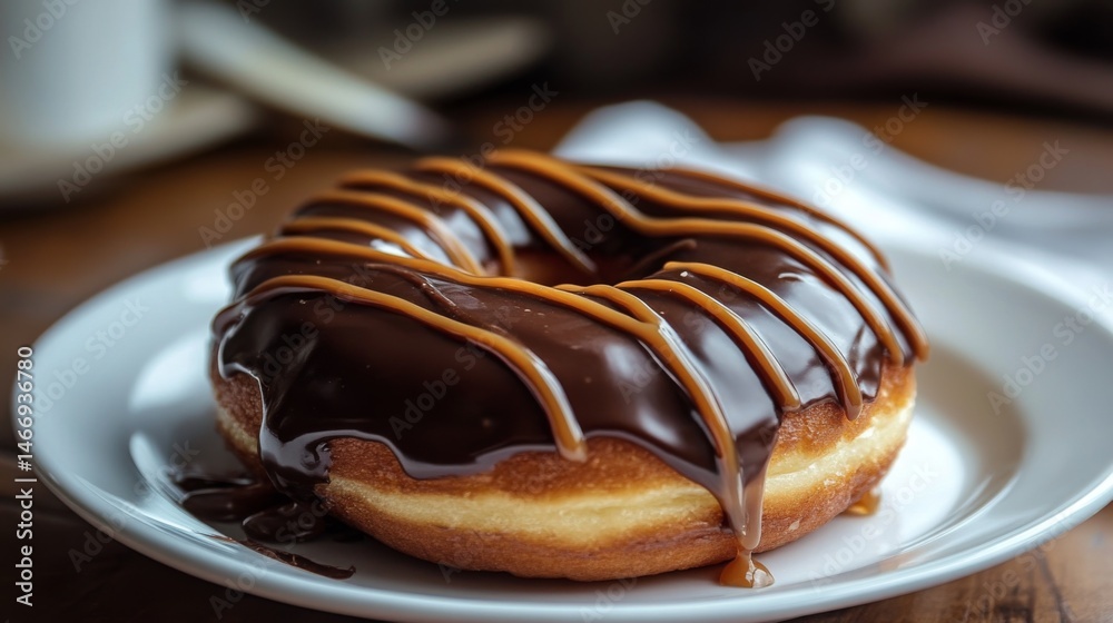 Aufkleber a close-up shot of a chocolate-frosted donut drizzled with caramel, highlighting the rich texture an