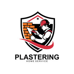 Plastering Home Service Logo Design  Construction Worker with Trowel and Brick Wall in Shield.