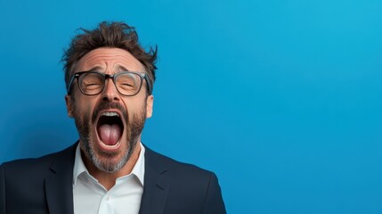 A stressed man in a stylish suit closes his eyes and screams against a blue background, vividly depicting the tension of modern life and the emotional weight of everyday challenges.
