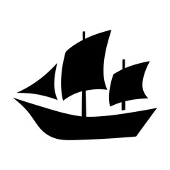 Silhouette of a sailing ship with multiple masts and billowing sails