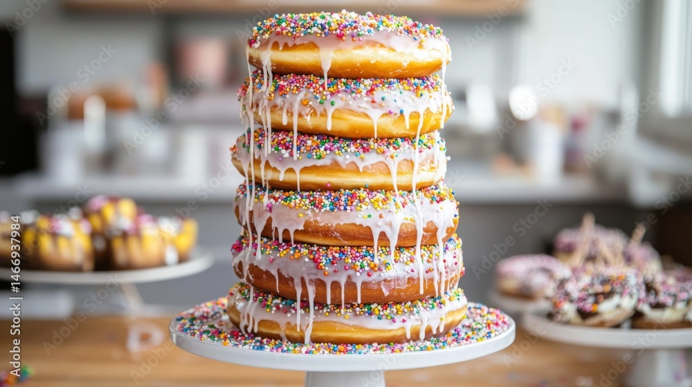 Aufkleber a creative composition of a donut tower stacked high, with sprinkles and icing dripping down the sid