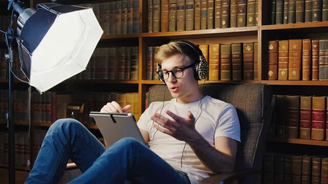 Young man with glasses and headphones speaks on tablet in home office setup, confidently creating content, showing digital fluency and modern communication