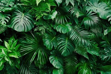 Lush tropical foliage wall, various vibrant green leaves. Dense arrangement of tropical plants, ferns, and large leaves create a vibrant backdrop