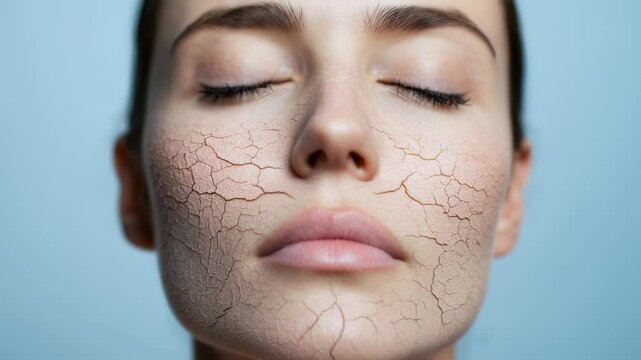 A woman with dry skin displays cracked facial features, highlighting the need for effective hydration and skincare solutions. This captures the essence of beauty maintenance in contemporary routines